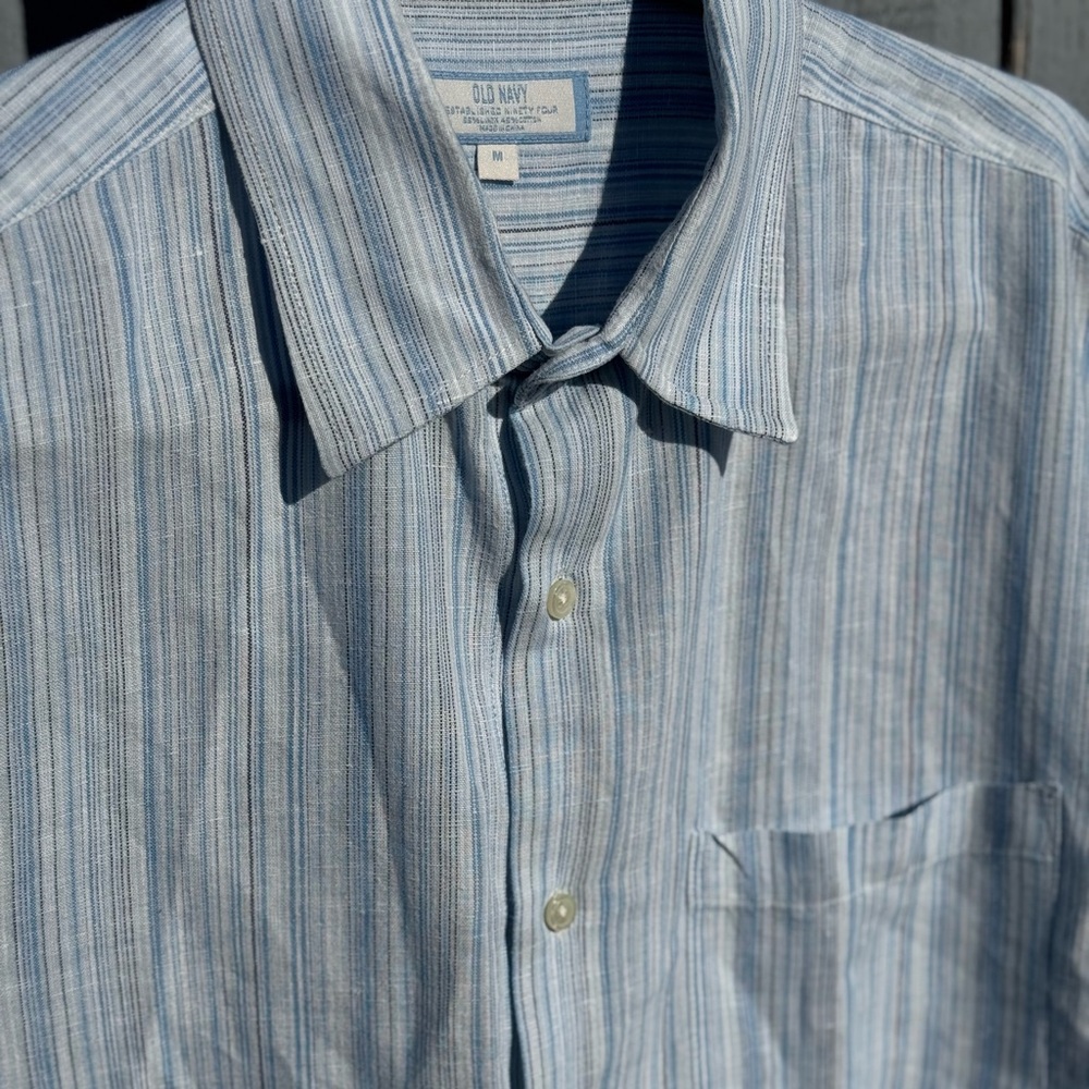 Vintage Old Navy Linen Shirt Men's Medium Button Down Light Blue Striped 2006 - Picture 4 of 8